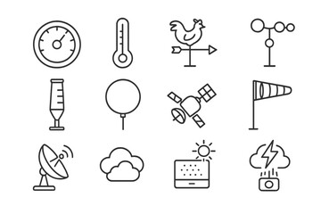 Weather instruments icons: thermometer, wind vane, anemometer, satellite