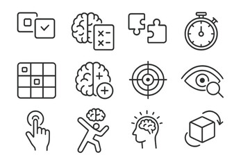 Cognitive games and brain icons on dark background
