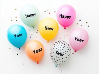 Festive balloons celebrating the new year, each bearing cheerful messages amid scattered confetti