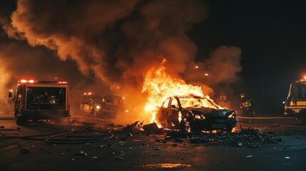 Fiery Night Crash Scene, car engulfed in flames, dark smoky street, emergency vehicles, firefighters battling blaze, intense atmosphere
