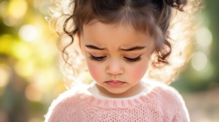 Fototapeta premium Portrait of a sad 4-year-old girl with curly hair and downcast eyes in soft light