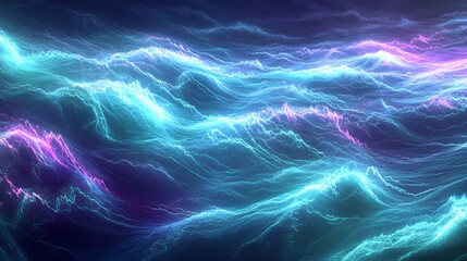 Bright cyan and purple light streaks merging into waves with blurred motion, creating a mesmerizing effect on the wide frame 
