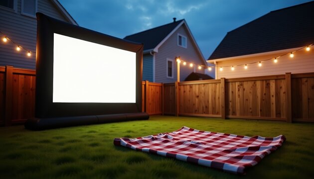 Outdoor backyard movie night setup with inflatable screen and picnic blanket under string lights at dusk