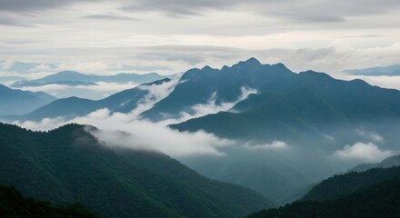Fototapeta premium Mountain Range with Fog Landscape Scenic View