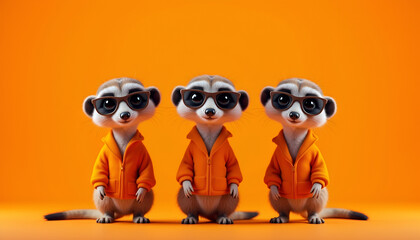 Fototapeta premium Stylish Meerkats in Orange Jackets and Sunglasses
