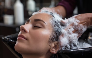 Woman enjoys relaxing hair wash at salon during afternoon with stylist providing care and attention to detail