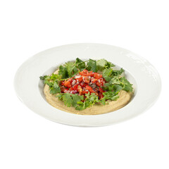 isolated Portion of hummus appetizer with chopped pepper and onion