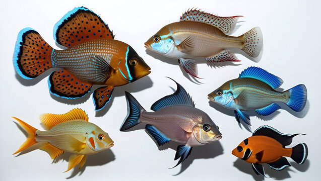 Assorted Lake Malawi and Lake Victoria cichlids on a white isolated background, including peacock, compressiceps, livingstoni, mbuna, and nyererei species.