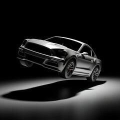 Metallic silver modern sport car floating over a dark background with dramatic lighting