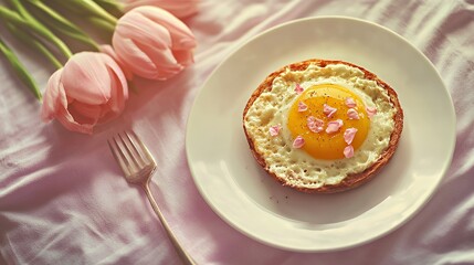A delicate fried egg garnished with flower petals beside pink tulips.