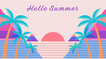 Aesthetic summer scene with palm trees, sun, and geometric shapes in pastel colors with hello summer text