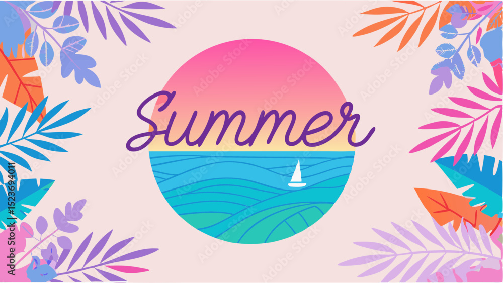 Poster aesthetic summer background with ocean view in a circle and colorful leaves around the frame illustr