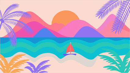 Illustration of a beach scene with palm trees, a sailboat, mountains, and a sunset in bright colors