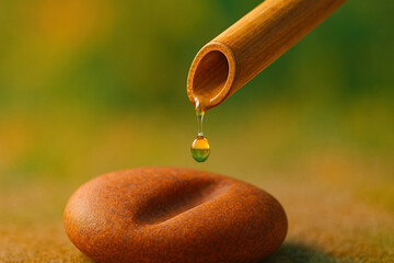 Macro shot of a single droplet falling from a bamboo spout onto a smooth stone with an eroded groove - Generative AI