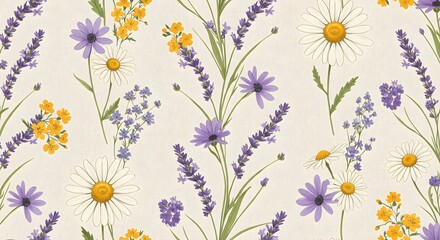 Elegant Floral Pattern Lavender, Daisies, and Wildflowers Seamless Design