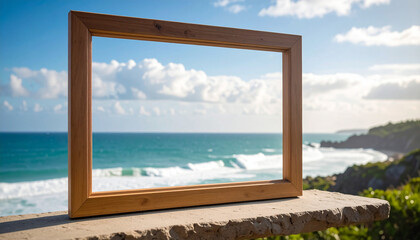 White clouded blue sky and sea enter an empty frame on a rough stone shelf.