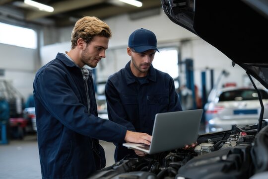Efficient car mechanics collaborate while using laptop to diagnose vehicle issues in modern workshop. Their focused expressions reflect dedication to quality service and problem solving
