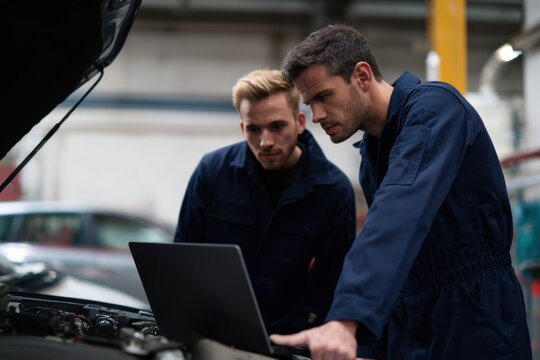 Car mechanic and assistant are focused on laptop while inspecting vehicle engine in garage. Their teamwork reflects dedication and expertise in automotive repair