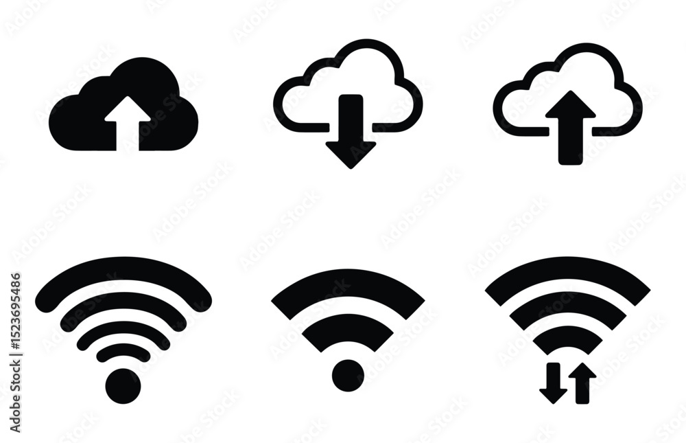Poster Cloud upload cloud download wifi symbol cloud icon wireless internet network technology simple black icons for digital use