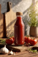 Homemade Ketchup bottle on kitchen countertop with chopping board, tomatoes, garlic, and herbs in warm sunlight setting kitchen
