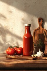 Homemade Ketchup bottle on kitchen countertop with chopping board, tomatoes, garlic, and herbs in warm sunlight setting kitchen