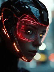 Fototapeta premium A portrait of a woman with a high-tech visor, glowing red circuits on her skin, and robotic facial features 