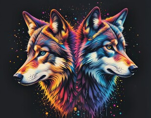 Una pareja de lobos en un estilo de retrato vibrante y colorido, sobre un fondo negro