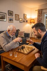 Elderly man and his adult son playing chess and drinking whiskey at home