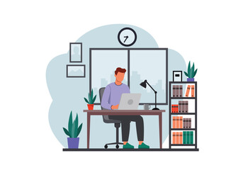 Flat vector of a man working at a desk with a laptop in a modern office. Includes indoor plants, bookshelves, window, and minimalist decor.
