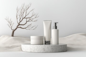 Obraz premium Minimal sustainable set of cosmetic packaging on podium with curve death branch decorated
