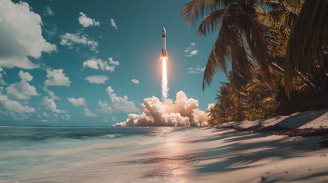 A rocket launching into space from a tropical beach