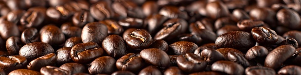 A spread of shiny, dark roasted coffee beans, glistening under soft lighting. The deep brown color and intricate textures evoke the rich aroma of espresso. 40k, full ultra hd, high resolution