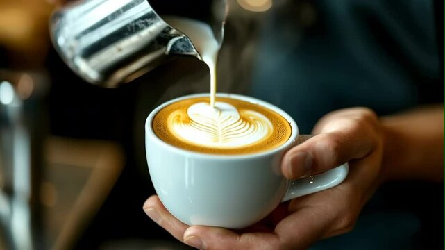 Barista pouring latte art in fresh cappuccino

