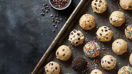 Assorted cookie dough balls topped with chocolate chips and colorful sprinkles on a baking tray.