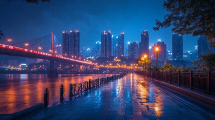 Obraz premium At night, a paved urban square extends toward a bridge and a brightly lit skyline in Chongqing