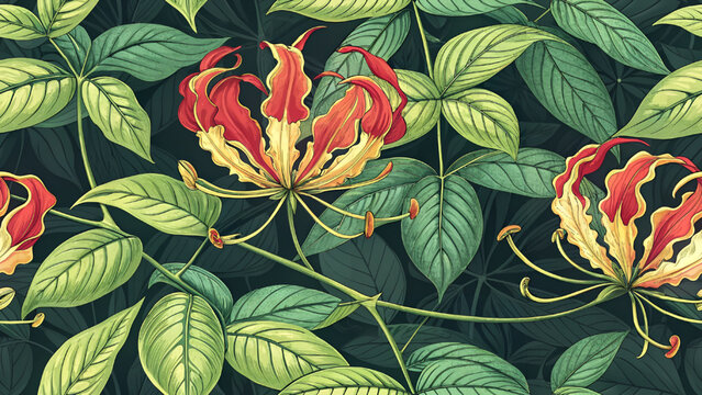 Vector illustration seamless pattern of bright red and yellow gloriosa flowers with green leaves.