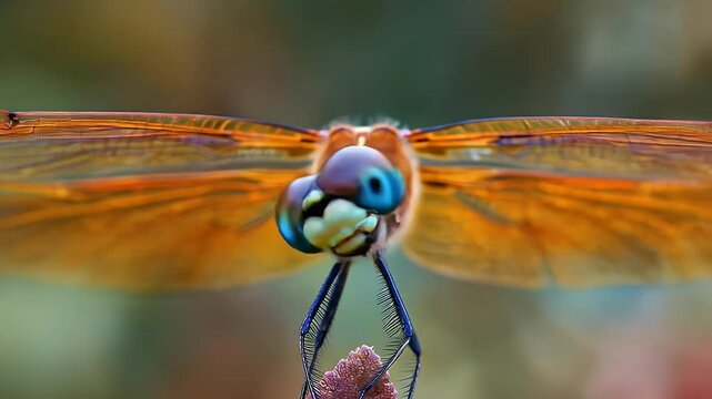 Detailed Macro Shot of a Dragonfly with Blue Eyes and Orange Wings Perched Gracefully on a Plant Stem Against a Soft Bokeh Background