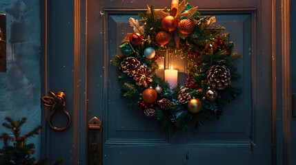 wreath hanging on a door, adorned with Christmas balls, small presents, and a candle glowing softly.