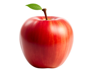 A vibrant red apple with a fresh green leaf