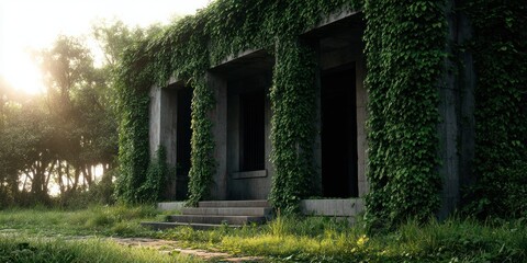 Abandoned building covered in lush green vines at sunset.