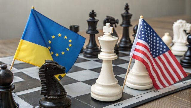 Chess pieces with EU, USA, and Russia flags symbolizing geopolitical conflict over Ukraine