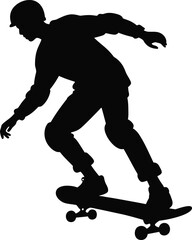 Fototapeta premium A silhouette of a skateboarder wearing protective gear performing a trick on a skateboard in action pose