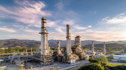 Obraz premium Aerial view of an industrial refinery plant, showcasing modern energy infrastructure and technological progress