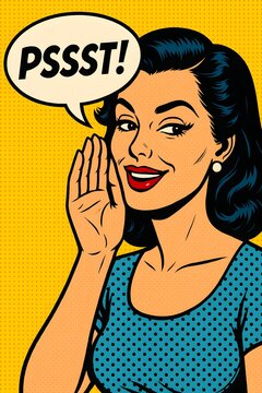 Pop Art Woman Whispering Secret Retro Comic Style Pssst Speech Bubble Halftone Dots Bold Colors 1960s Gossip Illustration Vintage Female Portrait Yellow Background