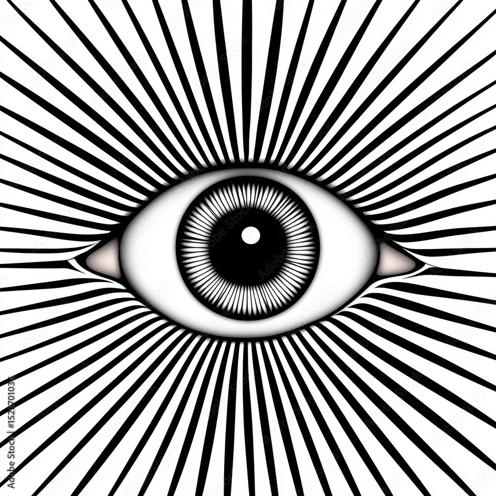 Poster graphic art featuring a central eye with intricate details, surrounded by radiating black lines on a
