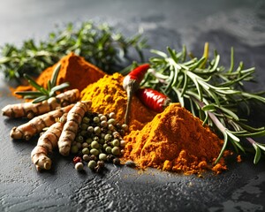 A variety of herbs and spices, such as rosemary, turmeric, and chili flakes, arranged on a dark surfacen