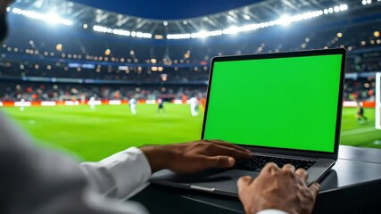 Man Using Laptop with Green Screen at Soccer Stadium during a Live Match - Powered by Adobe