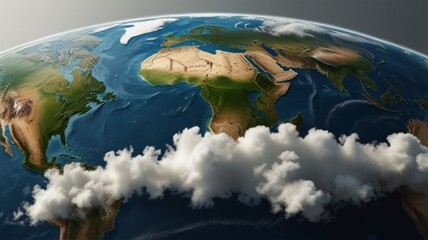 Digital illustration of Earth showing North and South America with swirling clouds, atmospheric view, and white background
