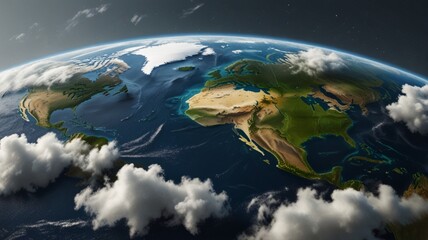 Digital illustration of Earth showing North and South America with swirling clouds, atmospheric view, and white background