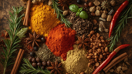 Fototapeta premium Natural and Earthy Display of Cooking Spices and Garden-Fresh Herbs with Rich Textures